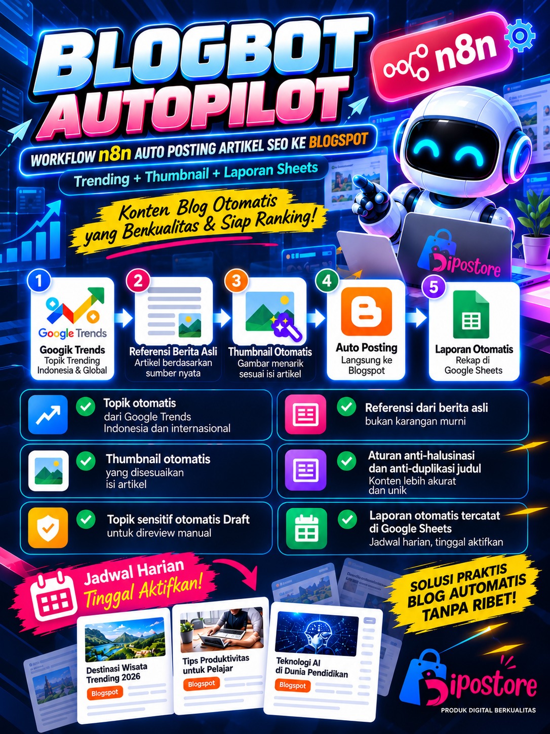 BlogBot Autopilot, Workflow n8n Auto Posting Artikel SEO ke Blogspot (Trending + Thumbnail + Laporan Sheets)